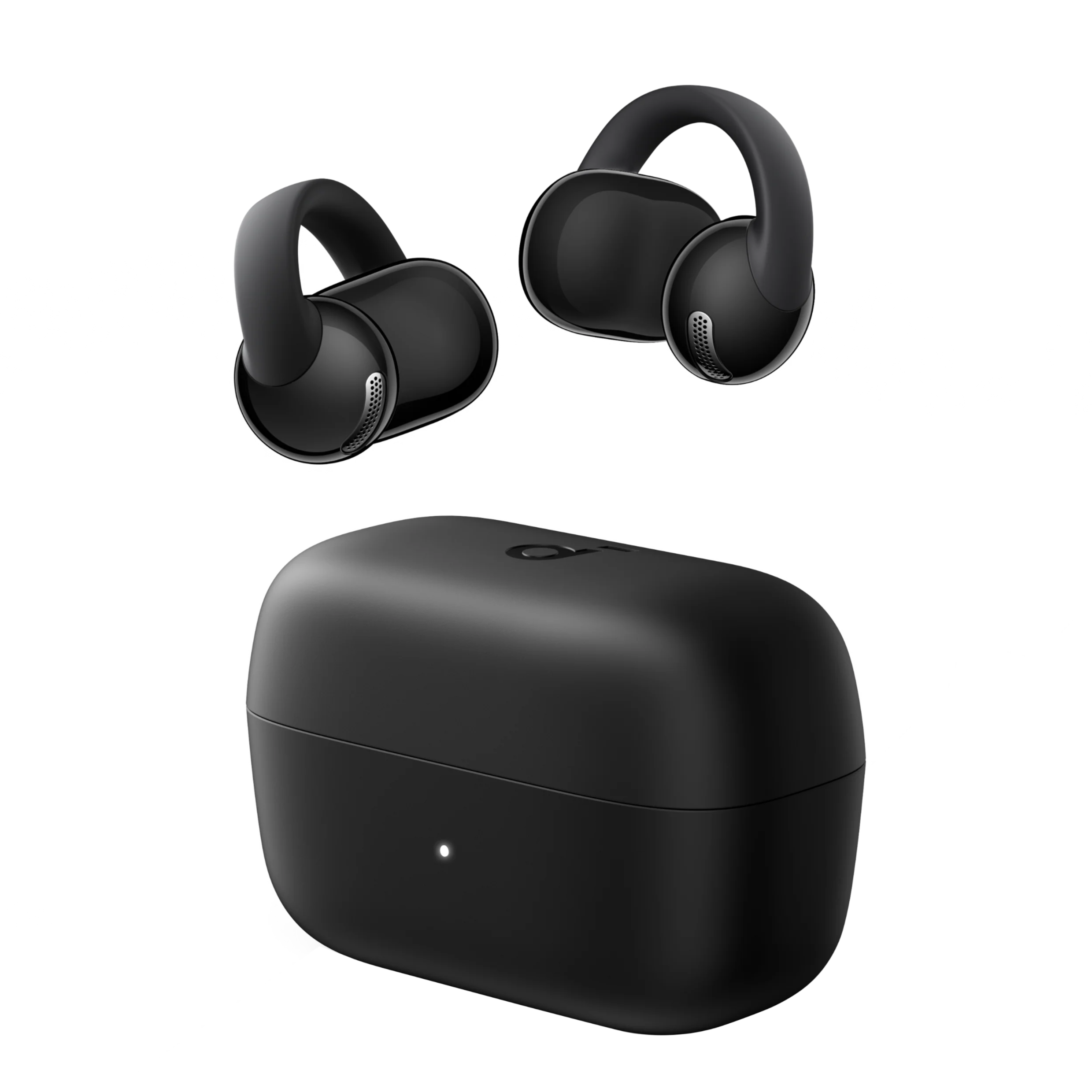 Black wireless earbuds with silicone ear hooks and a matching charging case.