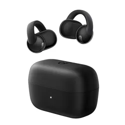 Black wireless earbuds with silicone ear hooks and a matching charging case.