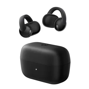 Black wireless earbuds with silicone ear hooks and a matching charging case.