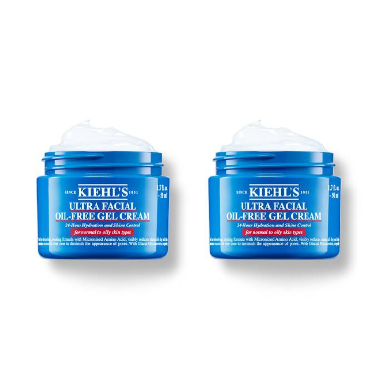 Two blue jars of Kiehl's Ultra Facial Oil-Free Gel Cream, a 24-hour moisturizer infused with glacial glycoprotein and desert plant extract.