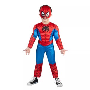 Child wearing a Spider-Man costume featuring a red and blue design with web patterns, complete with a mask and black sneakers.
