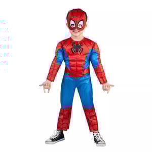 Child wearing a Spider-Man costume featuring a red and blue design with web patterns, complete with a mask and black sneakers.