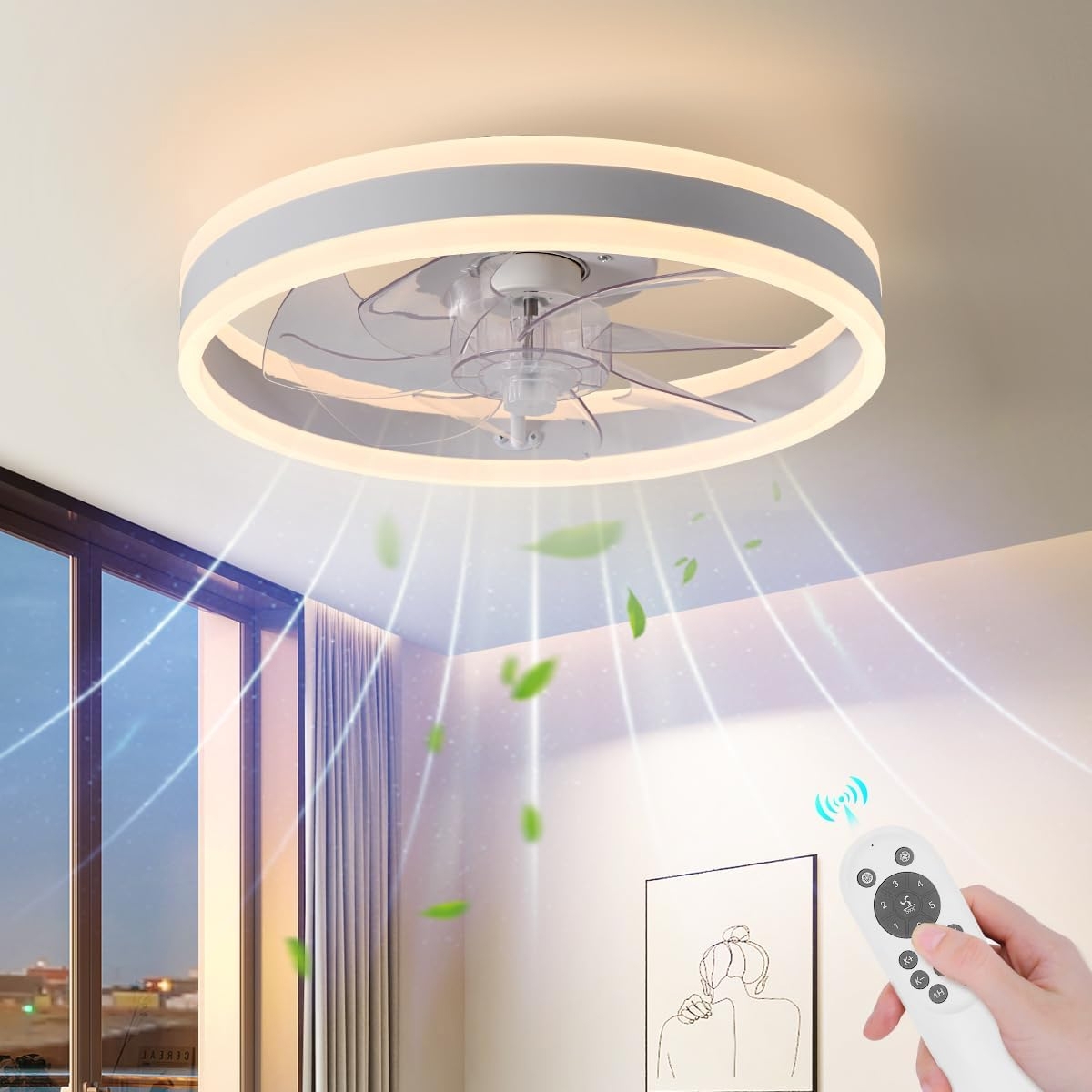 Ceiling fan with integrated LED light, shown emitting airflow, controlled by a remote.