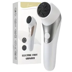 Electric foot grinder with a black abrasive head for removing dead skin, shown with its packaging.