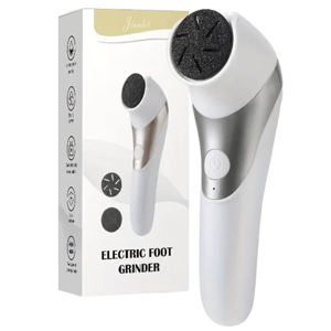 Electric foot grinder with a black abrasive head for removing dead skin, shown with its packaging.