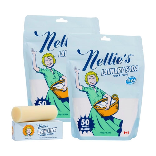 Two 726g bags of Nellie's Laundry Soda, each for 50 loads, accompanied by a Wow Stick Stain Remover. The packaging features a vintage-style illustration of a woman holding a laundry basket.