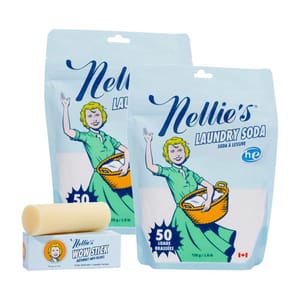 Two 726g bags of Nellie's Laundry Soda, each for 50 loads, accompanied by a Wow Stick Stain Remover. The packaging features a vintage-style illustration of a woman holding a laundry basket.