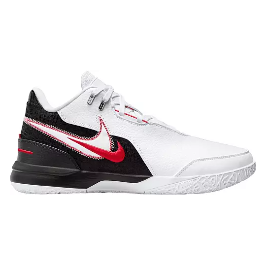 A white basketball shoe with black and red accents and a distinctive swoosh logo on the side.