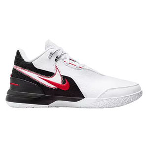 A white basketball shoe with black and red accents and a distinctive swoosh logo on the side.