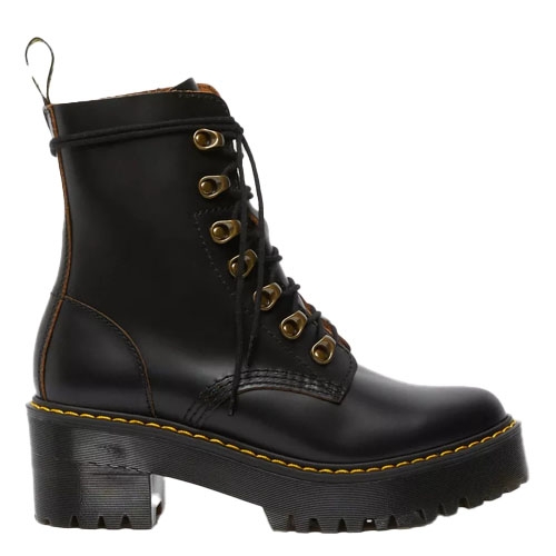 Dr. Martens Leona Boots are black leather lace-up boots featuring a chunky platform heel, grooved edges, and signature yellow stitching.
