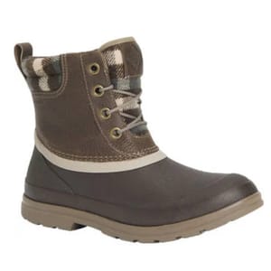 Brown waterproof leather Muck Boots with a plaid padded collar, lace-up front, and rubber soles for durability and traction.