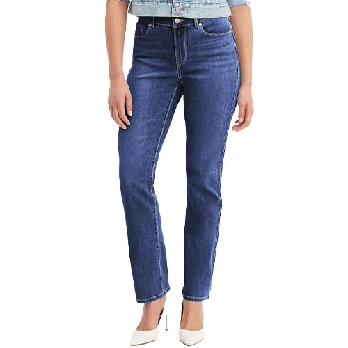 Levi's Classic Straight Jeans feature a clean, dark blue wash with a high-rise waist, traditional five-pocket design, and a straight leg cut, all made from durable denim fabric.