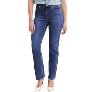 Levi's Classic Straight Jeans feature a clean, dark blue wash with a high-rise waist, traditional five-pocket design, and a straight leg cut, all made from durable denim fabric.