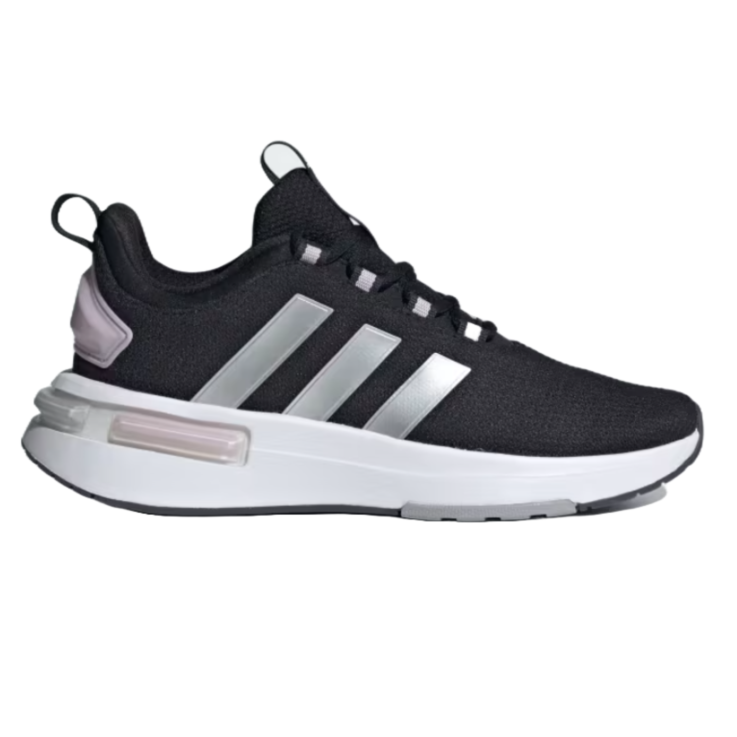 Black Adidas Racer TR23 shoes with white soles and three silver stripes on the side, featuring a pull tab on the heel and a small pink detail.