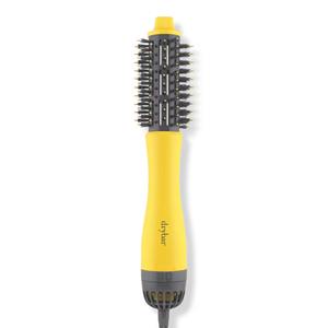 Yellow Drybar small round blow-dryer brush with a gray, vented barrel and bristles, designed for styling hair by combining drying and brushing in one tool.
