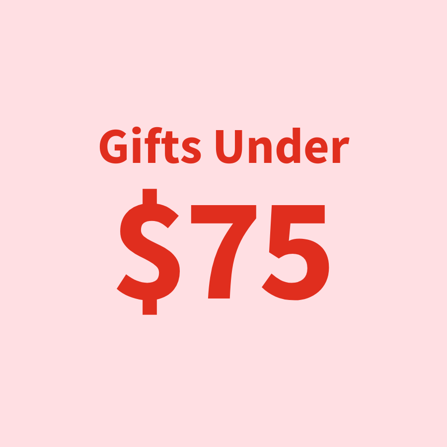 Gifts available for under $75, shown in red text on a pink background.