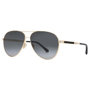 Gold-framed aviator sunglasses with dark gradient lenses and black temple tips, featuring a sleek design from Jimmy Choo for women.