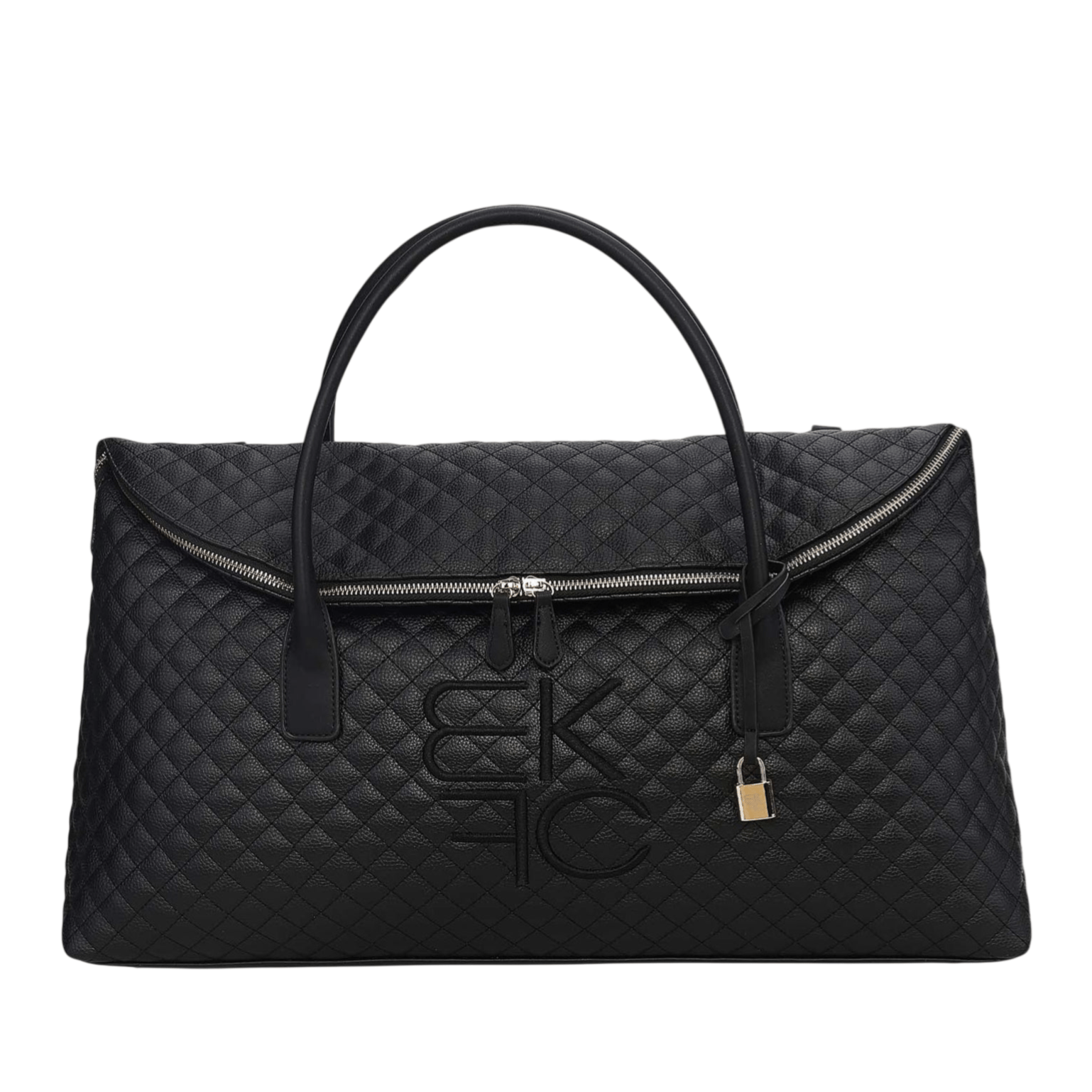 Quilted black duffel bag with dual handles, featuring a zipper closure and embossed initials.