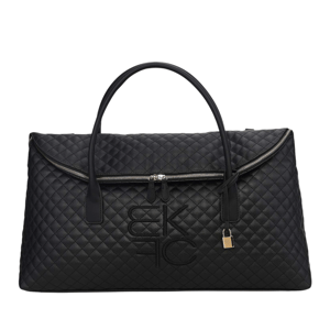 Quilted black duffel bag with dual handles, featuring a zipper closure and embossed initials.