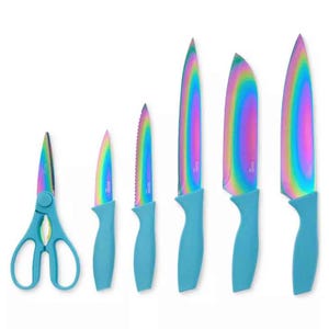 A 12-piece Cuisinart cutlery and shears set featuring rainbow blades with blue handles, including scissors, paring knife, serrated utility knife, slicing knife, santoku knife, and chef's knife.