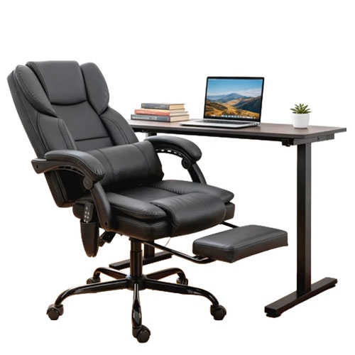 An ergonomic black office chair with footrest and an adjustable desk holding a laptop, plant, and books.