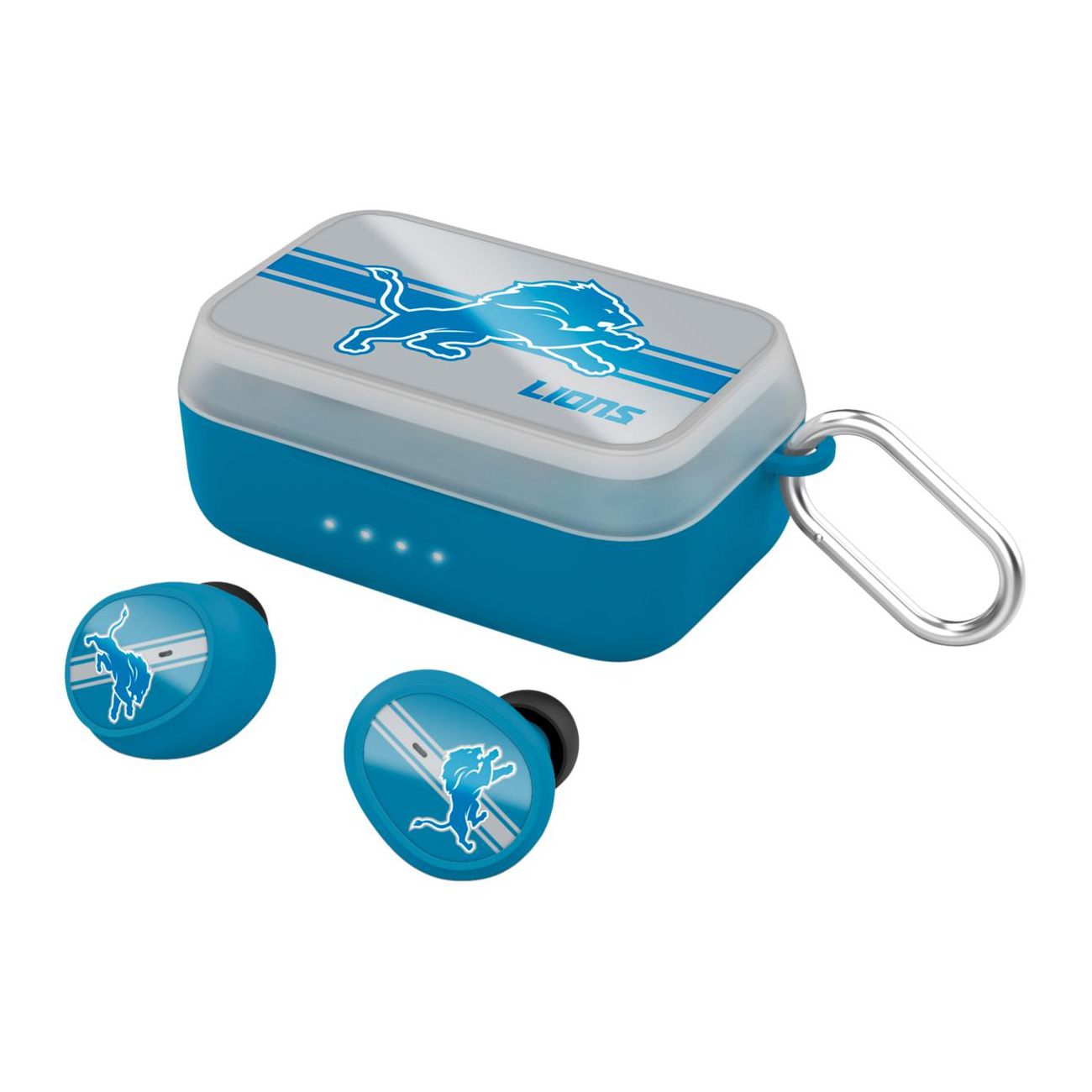 2-pack NFL earbuds with a blue charging case featuring a team logo and a carabiner. The earbuds have matching logos, and the case includes LED indicators for charging status.
