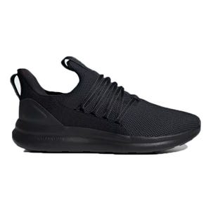 Black slip-on sneakers with a textured mesh upper, elastic straps across the vamp, and a cushioned sole labeled \“Cloudfoam.\“