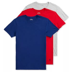 A 3-pack of Polo Ralph Lauren undershirts in blue, red, and gray. Each shirt features short sleeves and a crew neckline, with a small logo embroidered on the lower side.