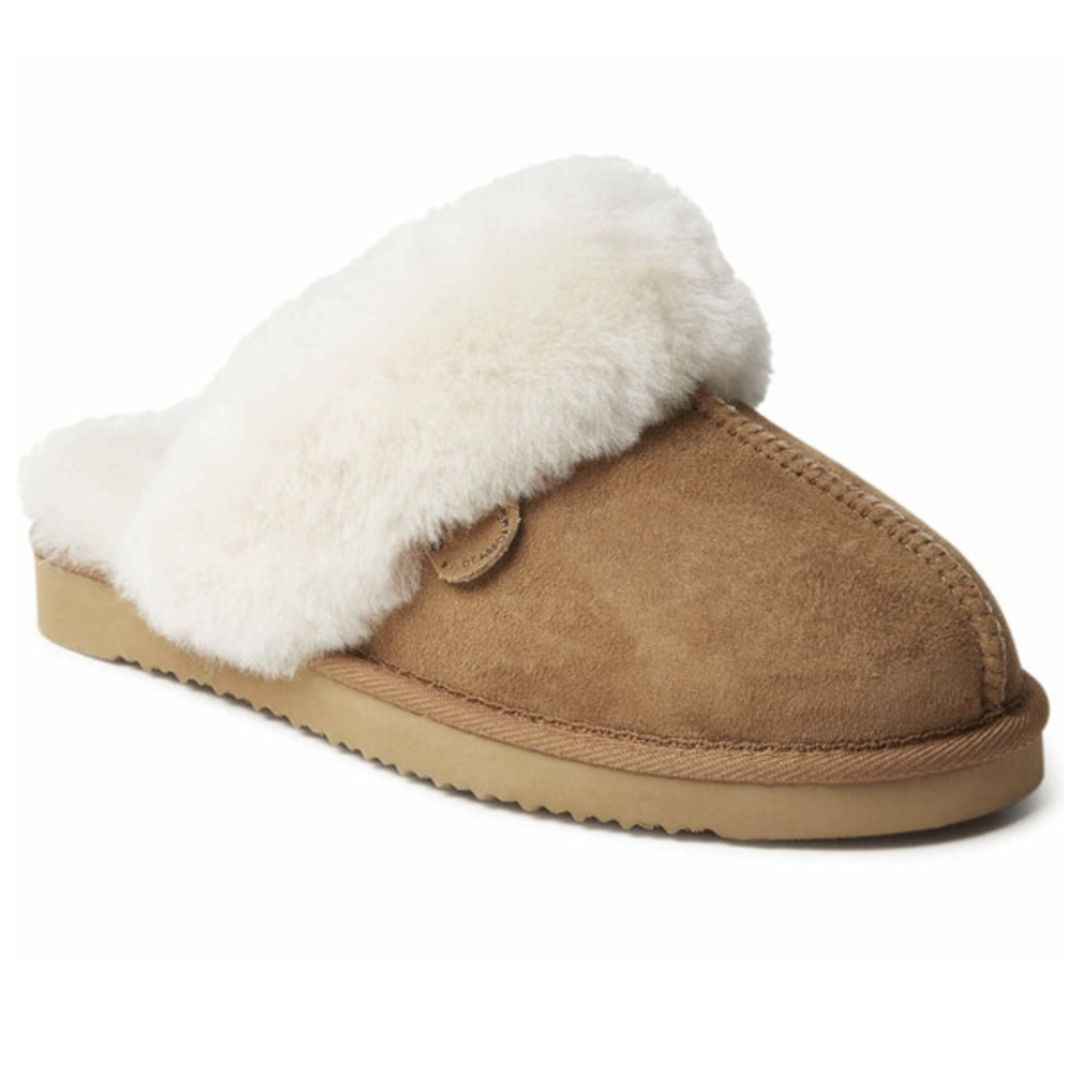 A tan suede slipper with a fluffy white lining and a flat sole, featuring a cozy, slip-on design.