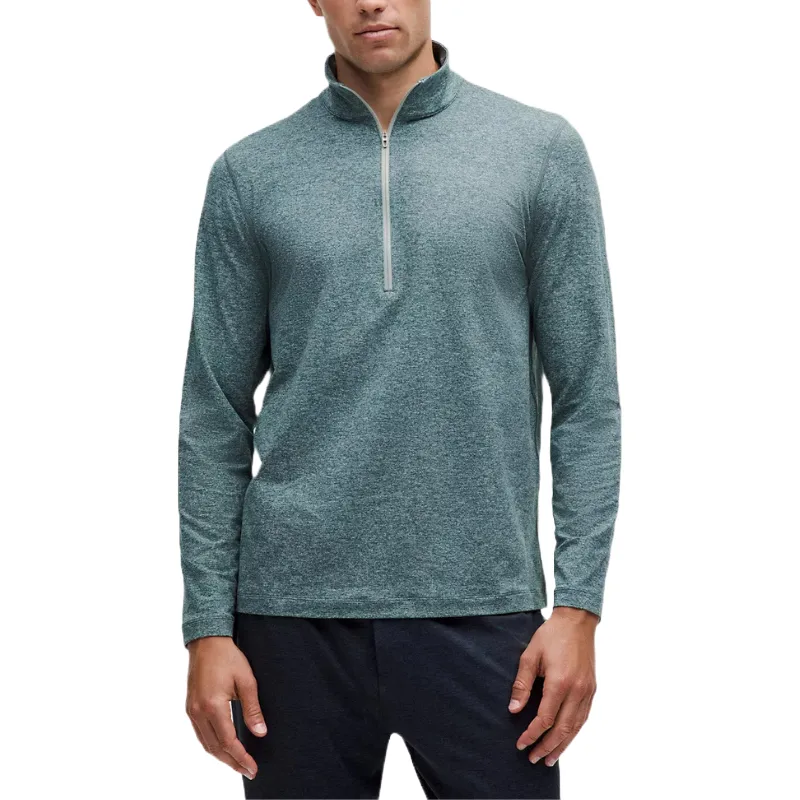 Lululemon Soft Jersey Half Zip Jacket is a long-sleeve, mid-layer top in a heathered blue-gray color, featuring a half-zip design and a standing collar. Ideal for layering in casual and athletic settings.