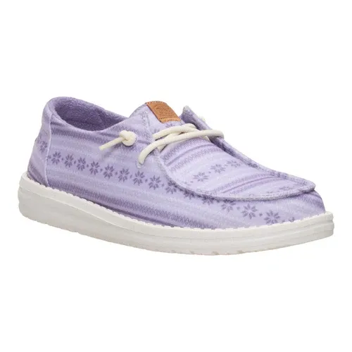 A lavender casual shoe with a white sole, featuring subtle floral patterns and white laces.