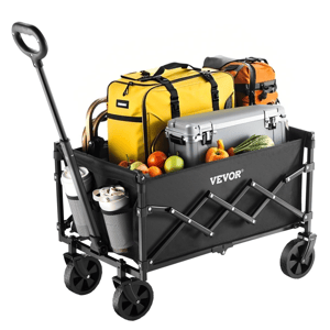 The Vevor Collapsible Wagon Cart is a foldable cart with sturdy wheels, filled with items like bags, a cooler, fruits, and vegetables. It features a telescopic handle and external cup holders.