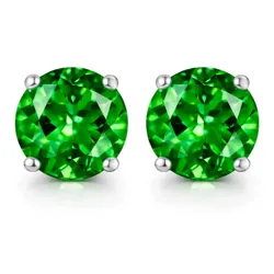 Pair of round-cut green gemstone stud earrings with silver prongs.