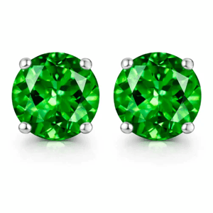 Pair of round-cut green gemstone stud earrings with silver prongs.