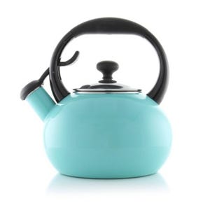 A turquoise 1.7-liter kettle with a black handle, lid knob, and spout lever. The design features a round body and curved handle for easy pouring.