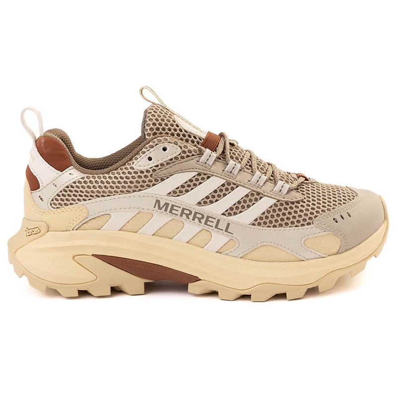 Merrell Moab Speed 2 Shoes are trail sneakers featuring a beige and brown color scheme, breathable mesh upper, and a durable Vibram sole designed for grip and comfort on rugged terrain.