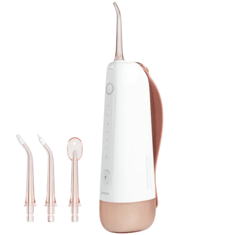 A cordless water flosser with three replaceable nozzles, featuring a sleek design and a rose gold accent.