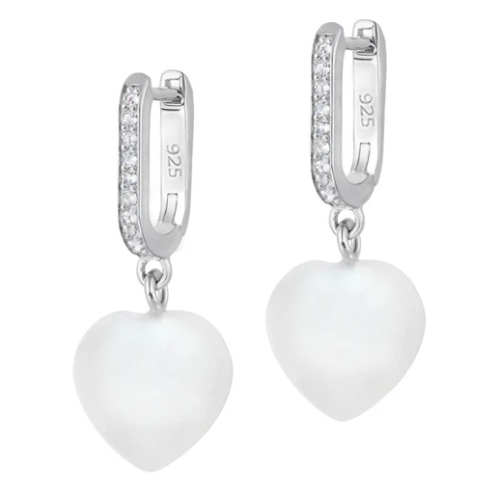 A pair of silver hoop earrings featuring a line of small crystals and a dangling heart-shaped white shell pearl. The hoops are marked with \“925,\“ indicating sterling silver.