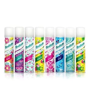 8-pack of Batiste Dry Shampoo includes variants: Floral, Oriental, Cherry, Tropical (x2), Blush, Fresh, and another Tropical, each in colorful spray cans featuring unique designs.