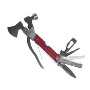 A multi-tool with a wooden handle featuring a small axe head, hammer, pliers, saw, knife, and bottle opener.