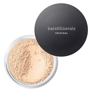 bareMinerals Original Loose Powder Foundation in a clear jar with a black lid labeled \“Original.\“