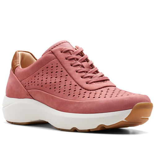 A pink sneaker with perforated detailing, white sole, and tan accents around the heel.
