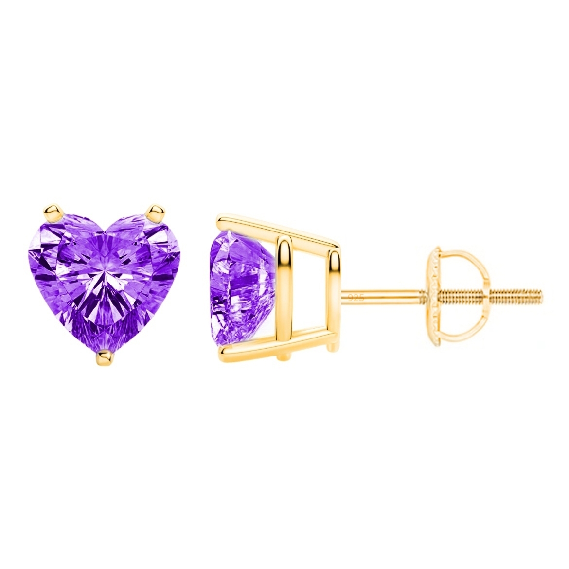 Gold stud earrings with heart-shaped purple gemstones, held by three prongs, featuring a screw-back closure.