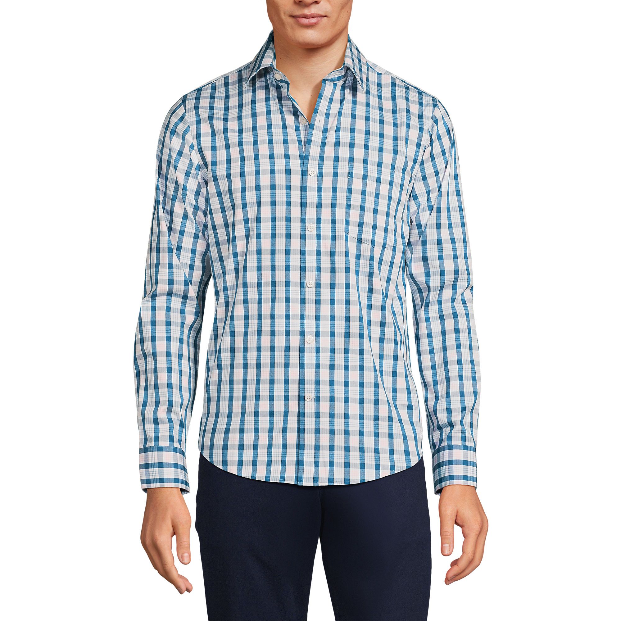 A man wearing a long-sleeve, blue and white checkered button-up shirt.