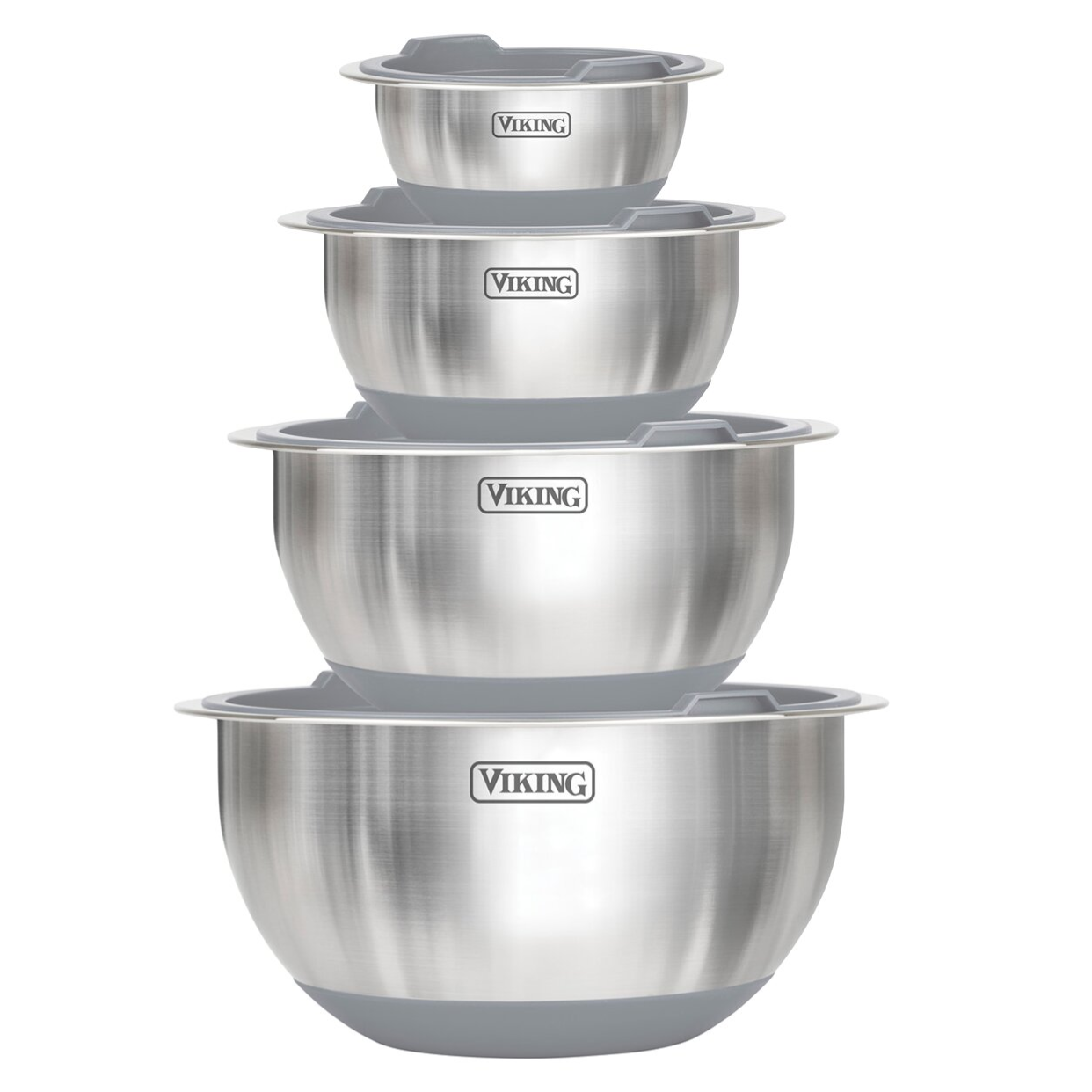 A set of four stainless steel mixing bowls with gray lids from the brand Viking, featuring a stackable design for easy storage.
