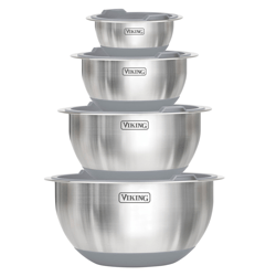 A set of four stainless steel mixing bowls with gray lids from the brand Viking, featuring a stackable design for easy storage.