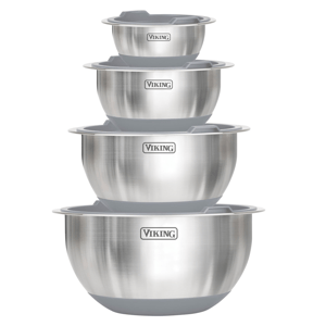 A set of four stainless steel mixing bowls with gray lids from the brand Viking, featuring a stackable design for easy storage.
