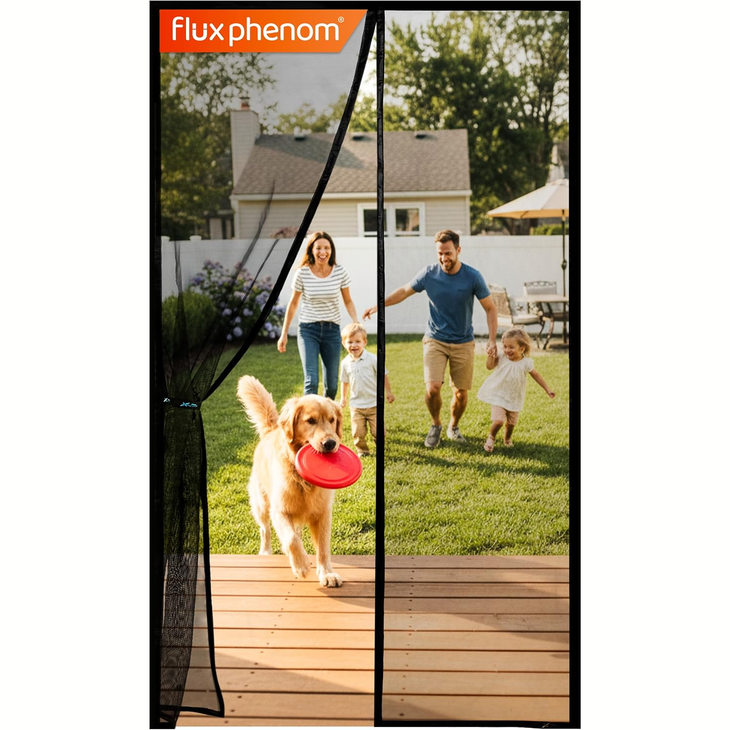 A magnetic screen door by Flux Phenom allows pets and people to pass through easily while keeping bugs out. A dog with a frisbee is shown exiting the door as a family follows in the background.