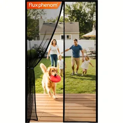 A magnetic screen door by Flux Phenom allows pets and people to pass through easily while keeping bugs out. A dog with a frisbee is shown exiting the door as a family follows in the background.