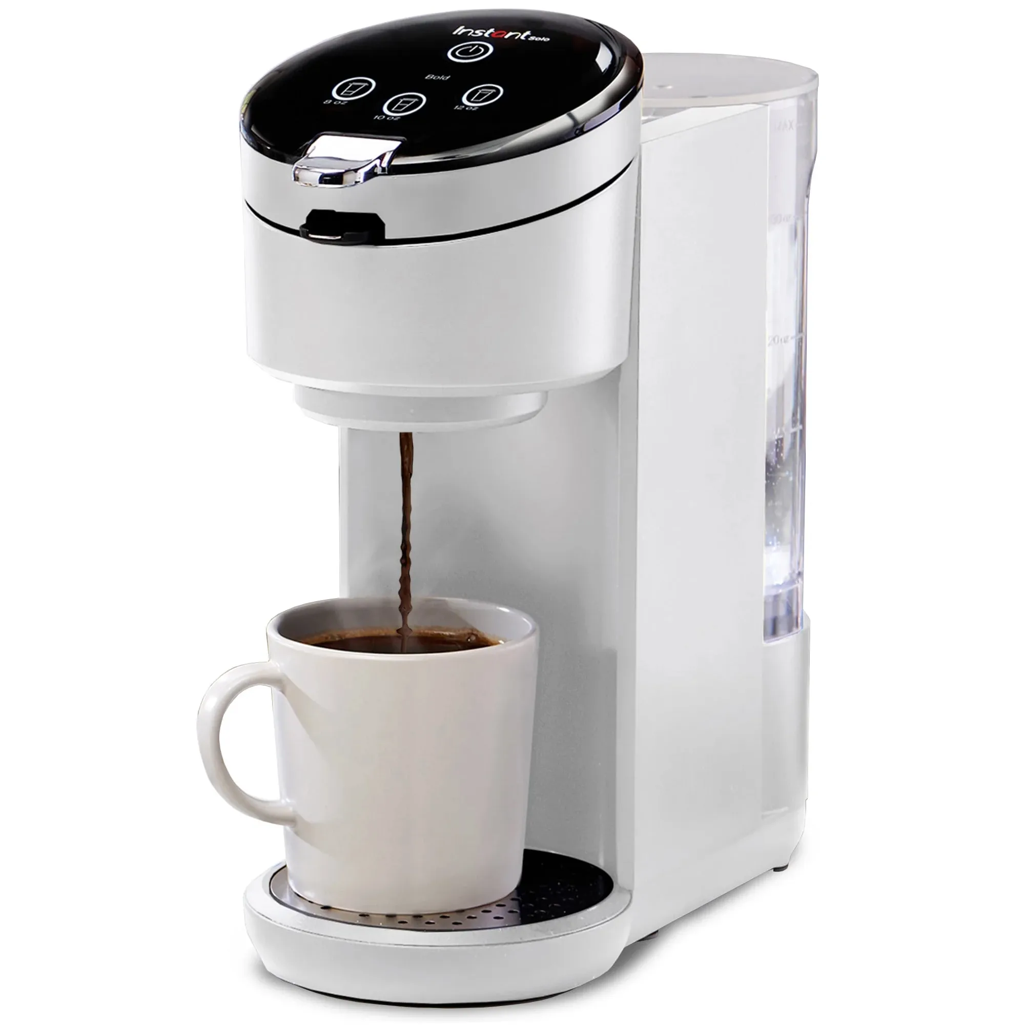 White Instant Pod coffee maker with a sleek black and silver top, brewing coffee into a white mug. Compact design with a side water reservoir and buttons on the top for easy operation.